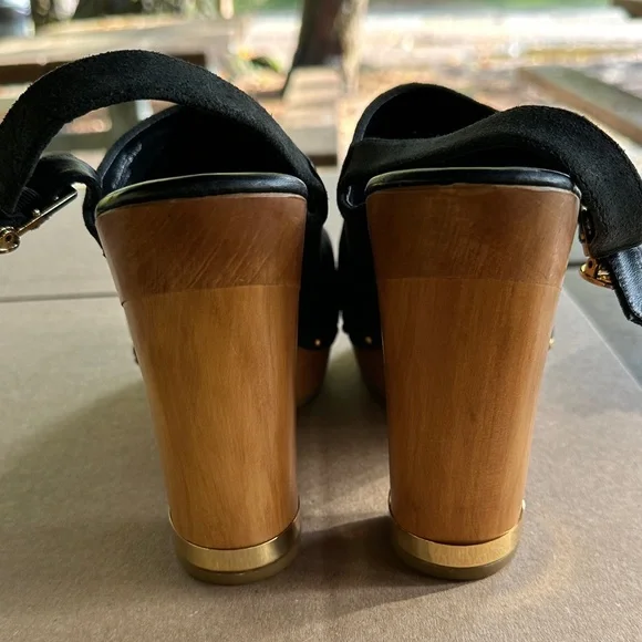 Tory Burch Black Suede Mules with Gold Accents - Picture 3 of 4